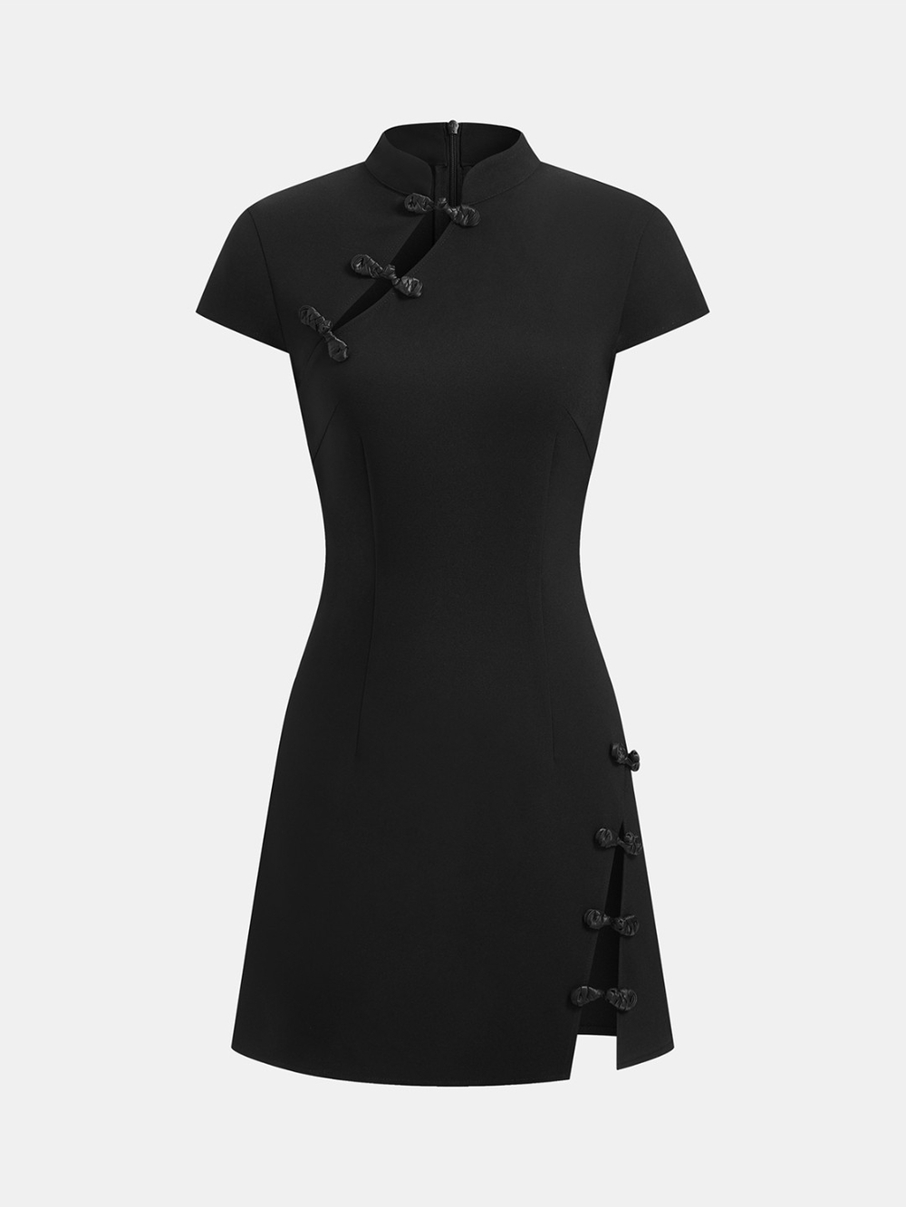 Commense Black Mandarin Collar Short Dress with Frog Closures
